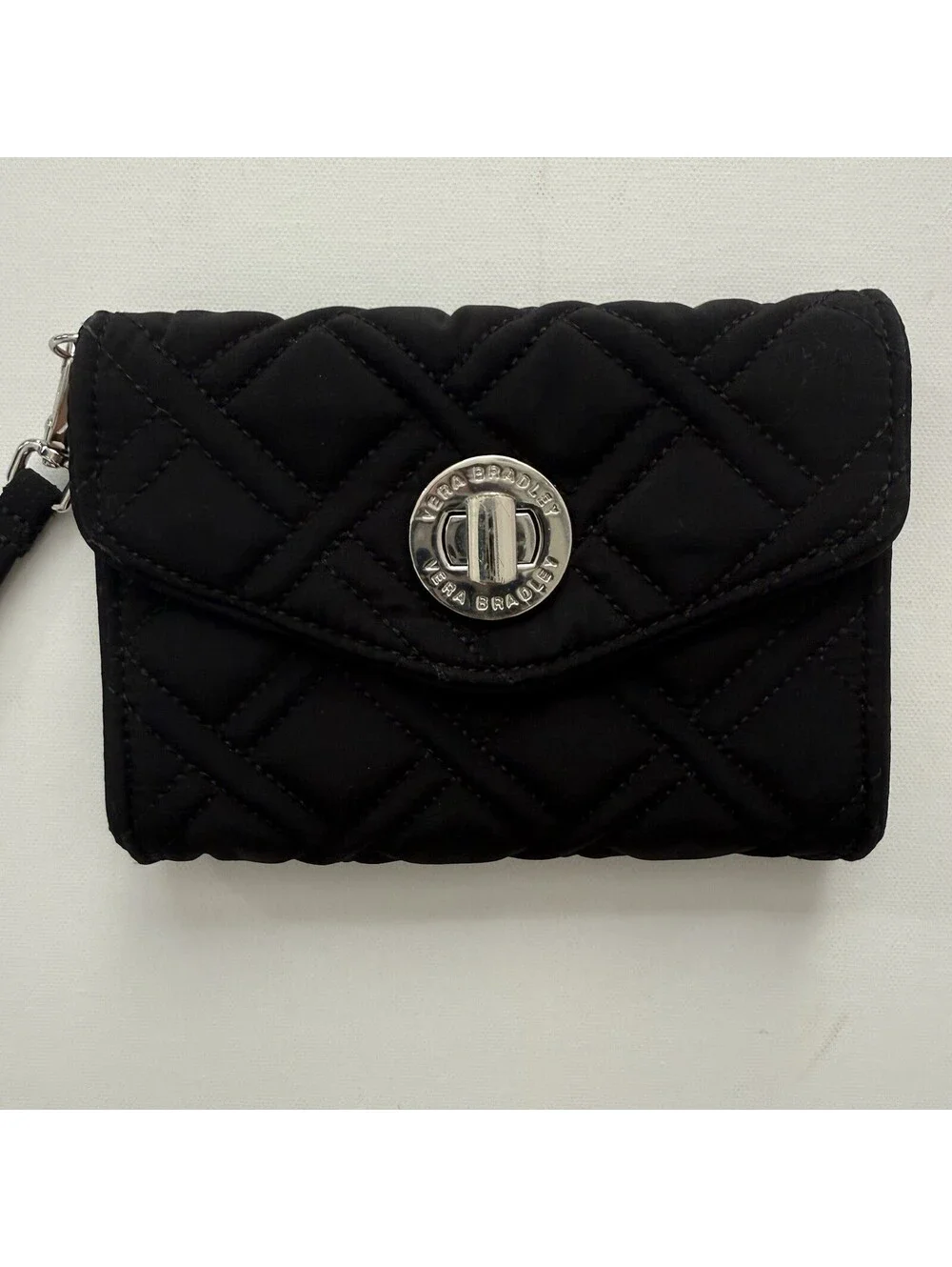 Vera Bradley Black Quilted Turn Lock Wristlet Wallet Colorful Leaf Interior